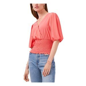 1. STATE Womens Coral Stretch Smocked Elbow Puff-sleeve Surplice Neckline Top L